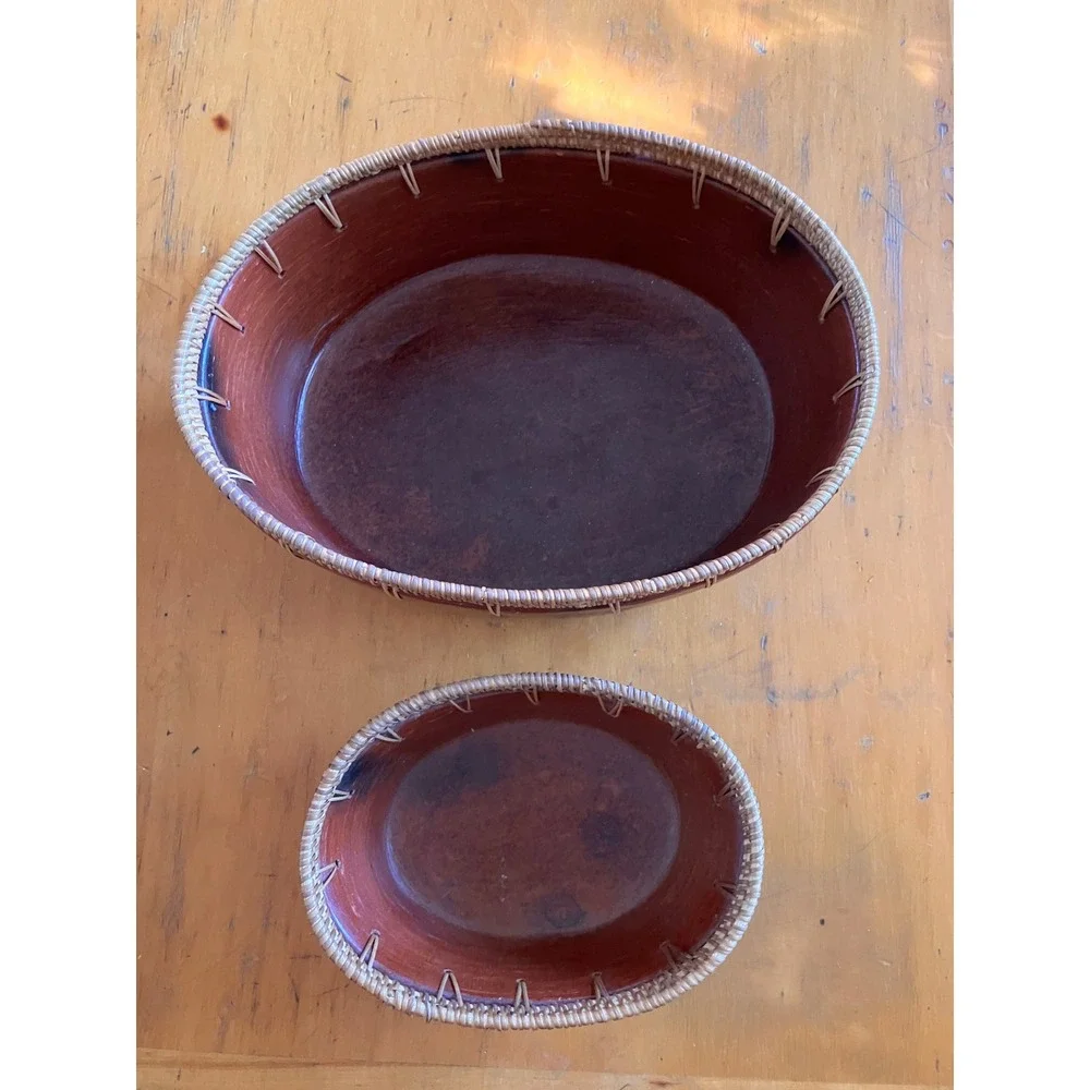 Oval Nesting Baskets Eartenware Brown Wood Rattan Trim Set of 2